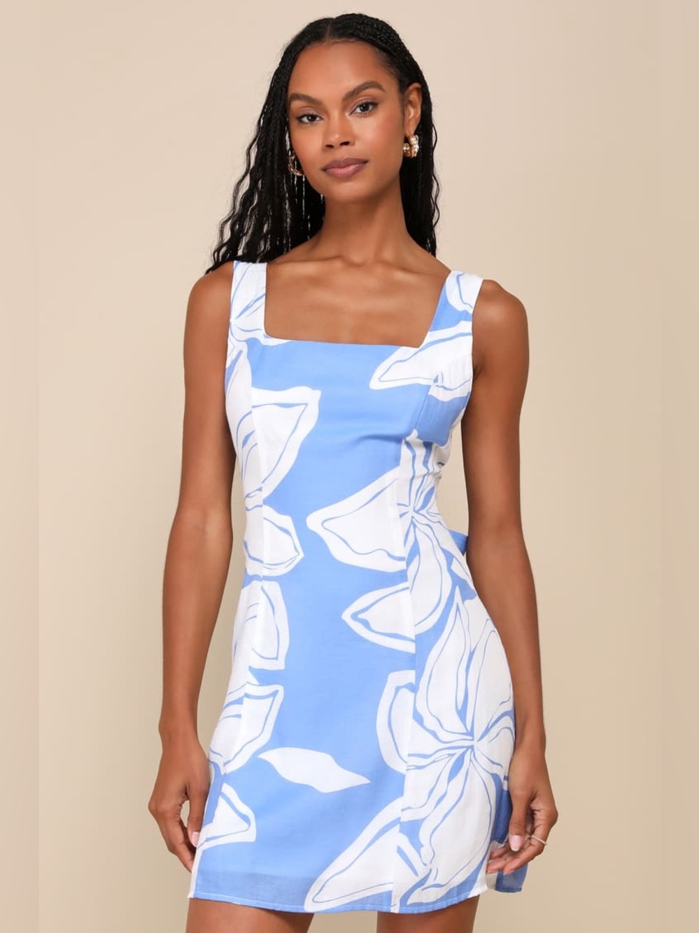 Lulus Deeply Sweet Blue & White Floral Tie-Back Mini Dress NWT Size Large